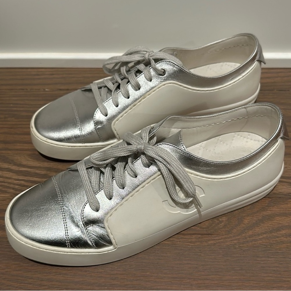 CHANEL Silver and White Reflective Sneakers with Minimalist Design